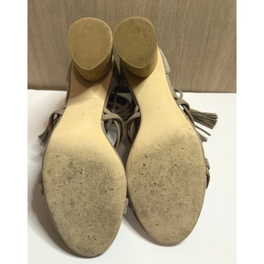 Jeffrey Campbell Despina Strappy Suede Tassel Block Heel Sandals Taupe Grey Sz 8
